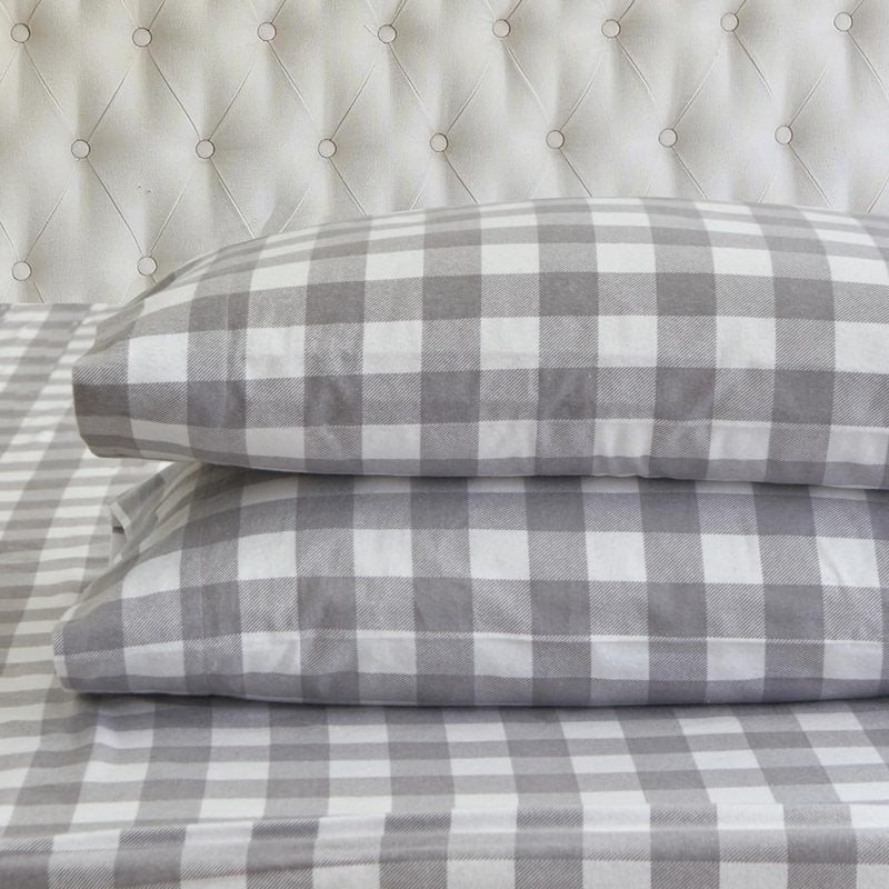 Queen Cotton Flannel Sheet Set - Deep Pocket, Gray Buffalo Check - Elegant Comfort