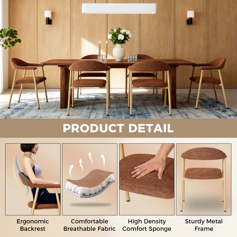 Modern Upholstered Dining Chairs Set of 2 - Ergonomic Padded Seats, Orange