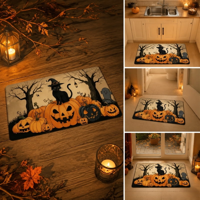 Halloween Doormat - Pumpkin Ghost Print Non-Slip Absorbent Entryway Rug - OutmaxHome