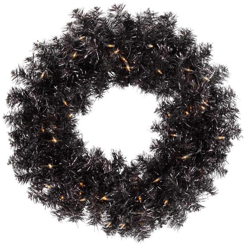 24-Inch Black Pre-Lit Halloween Tinsel Wreath with Clear Lights - Indoor Outdoor Decor