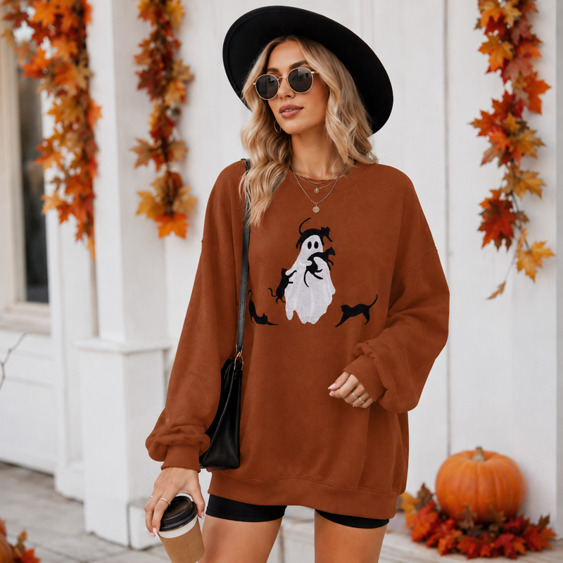 Brown Halloween Spooky Season Sweatshirt for Women - Oversized Black Cat Ghost Pullover