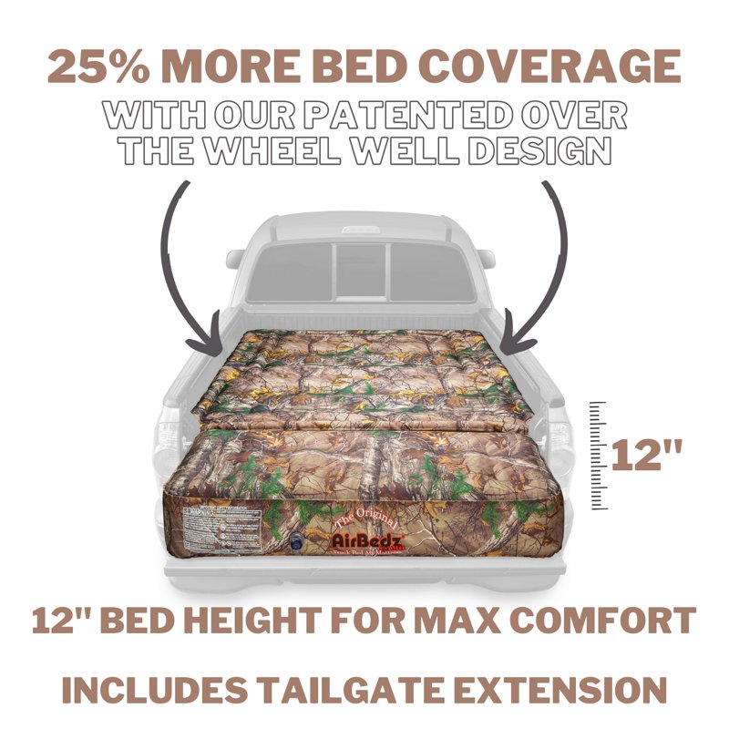 Full Size Camo Truck Bed Air Mattress with Rechargeable Pump & Tailgate Extension