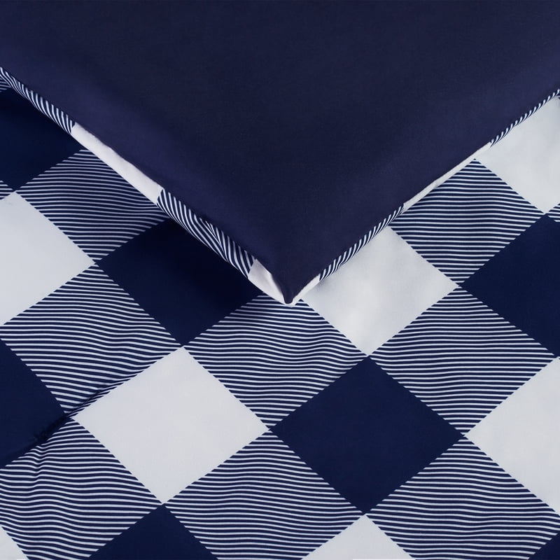 King Serta Simply Clean Bedding Set Navy Buffalo Check 7-Piece Bed in a Bag