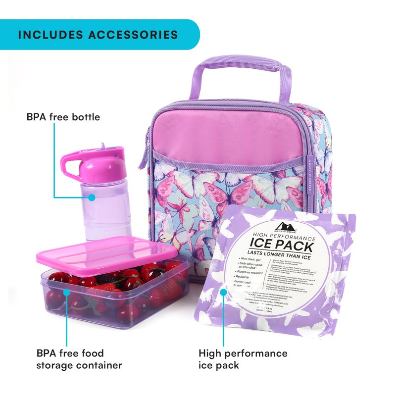 Insulated Lunch Box Combo with Food Container & Bottle - Butterflies Purple