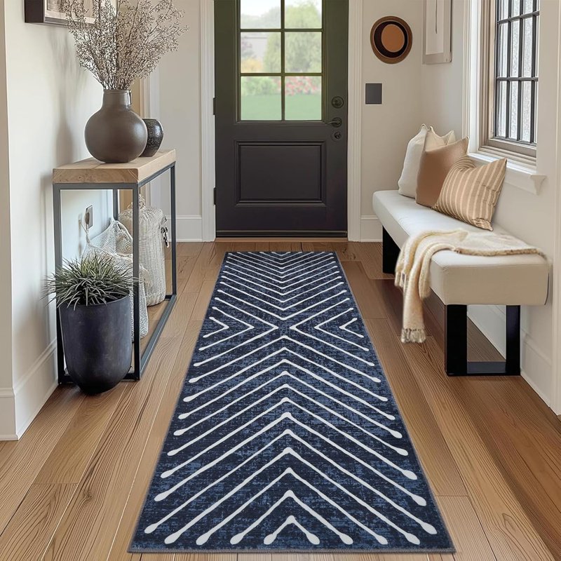 Navy Washable Runner for Hallways - Non Slip Geometric Bathroom Rug 2x6 - Homhougo