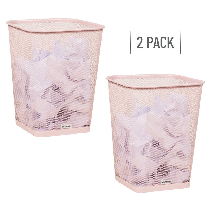 Mesh Trash Can Set of 2 - Square Metal Waste Bins, Pink