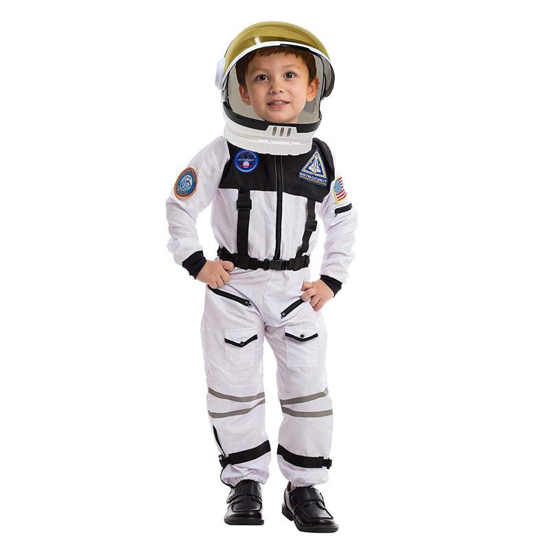 Kids Astronaut Costume with Helmet - White, Medium (8-10 Years) for Halloween & Play