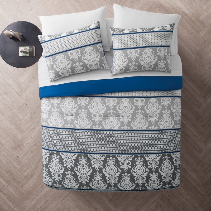 Queen Damask Bed-in-a-Bag Set - Blue Microfiber Bedding with Pillowcases & Bed Skirt
