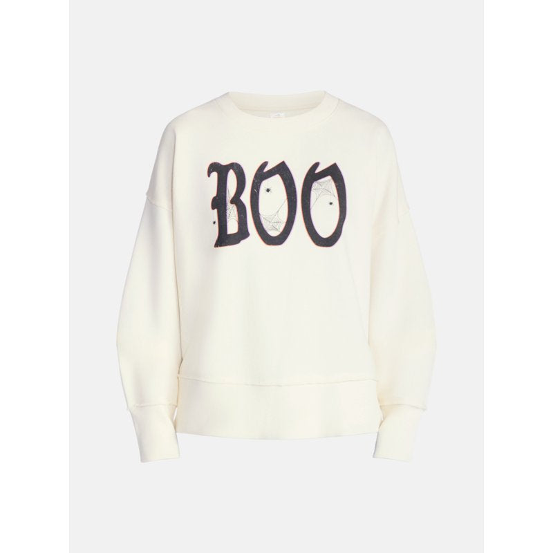 Women's Halloween Gothic Boo Graphic Fleece Sweatshirt - Cream XXXL, Relaxed Fit