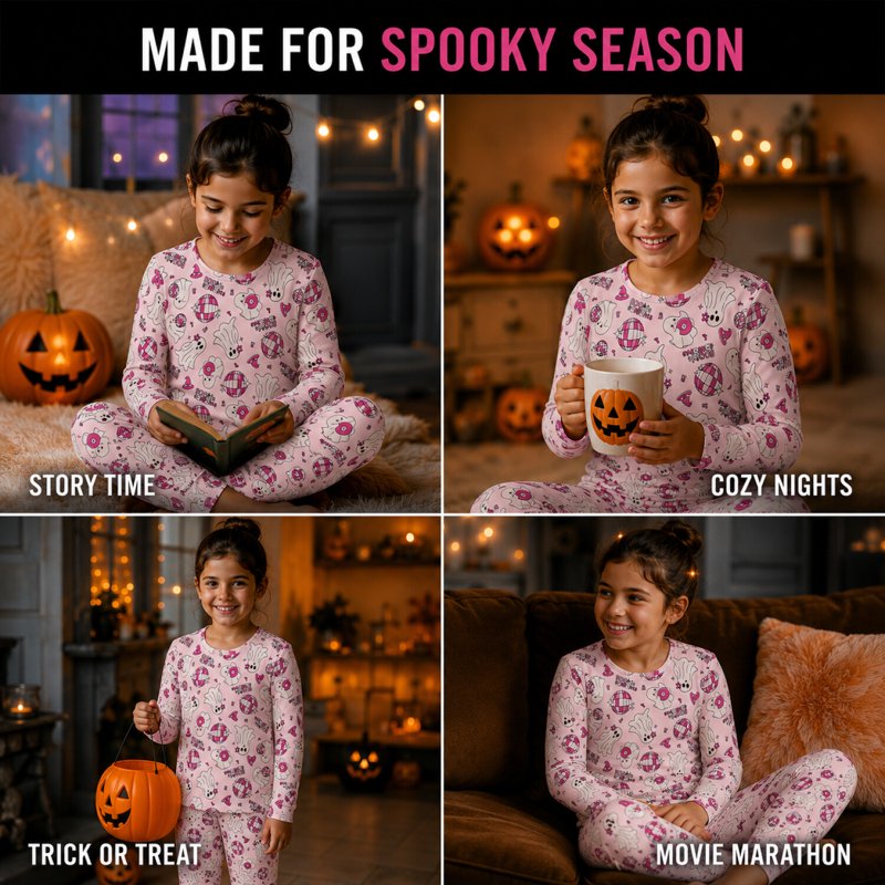 Pink Ghost Girls Pajamas Set - Halloween 2-Piece Long Sleeve & Pants (4T-12) Variation of THIS listing