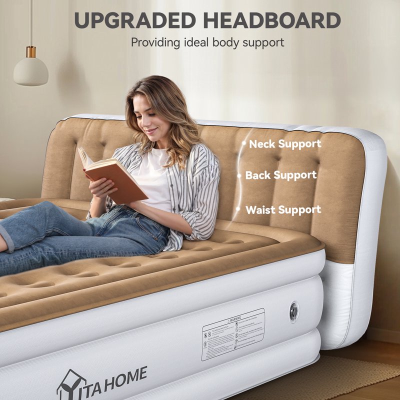 Queen Size Inflatable Air Mattress with Pump & Headboard - Brown Vertical Grain Variation