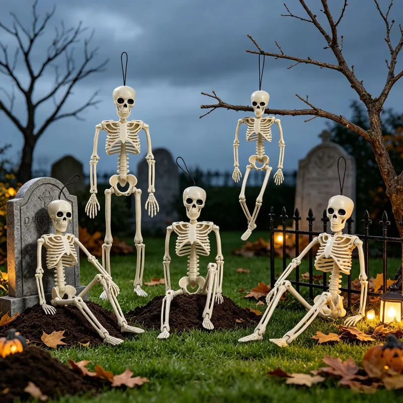 Full Body Skeleton Decor Set - 4 Posable Halloween Skeletons with Movable Joints & Hanging Strings