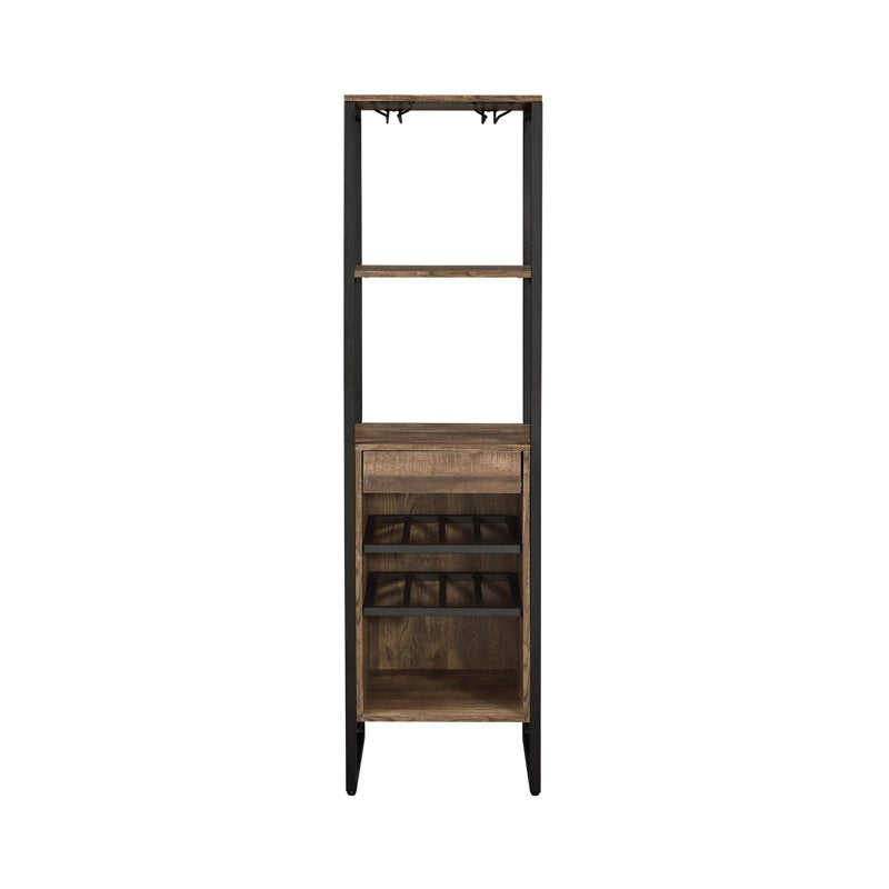 Oak Finish Wine Rack with Drawer and Open Compartments