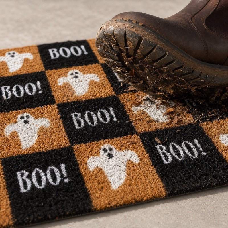 Halloween Ghost Doormat B - Black and Orange Checkered Front Door Rug, Non Slip Cute Spooky Decor