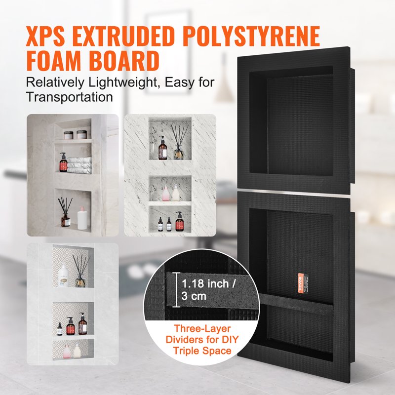 Tile-Ready Shower Niche - 16x16 and 16x20 Inch Wall Recessed Shelves, Triple Waterproof, Black