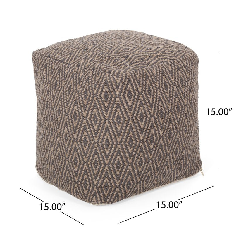 Cotton Cube Pouf - Handcrafted Boho Style with Diamond Pattern, Brown & Dark Grey