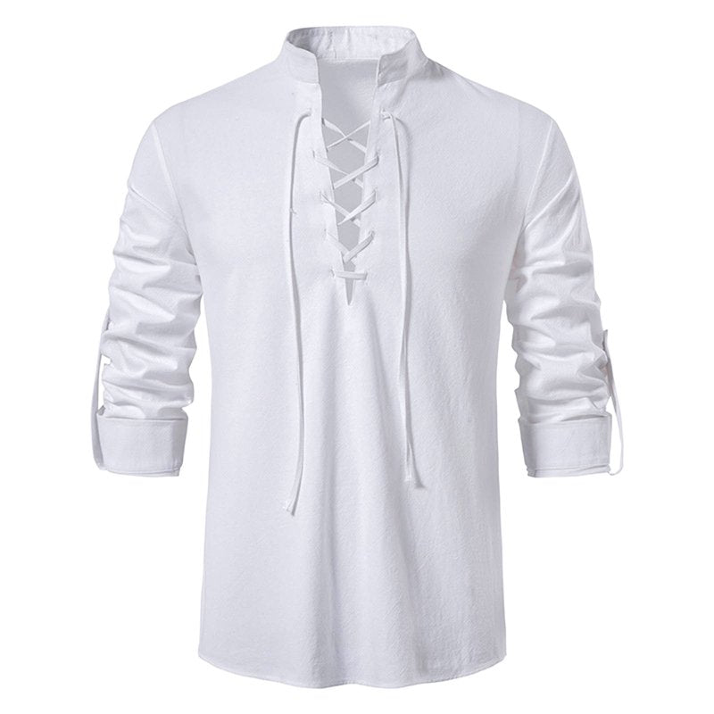 Mens Renaissance Pirate Viking Costume Shirt White S - Long Sleeve Lace Up Top