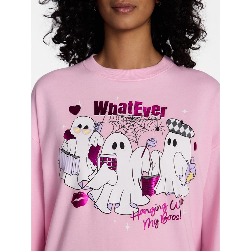 Pink Ghost Women's Halloween Graphic Crew Sweatshirt, XXS - Cozy Spooky Season Pullover