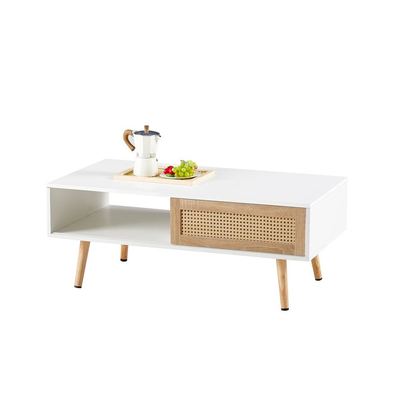 White MDF Coffee Table with Sliding Storage Door - Rectangle