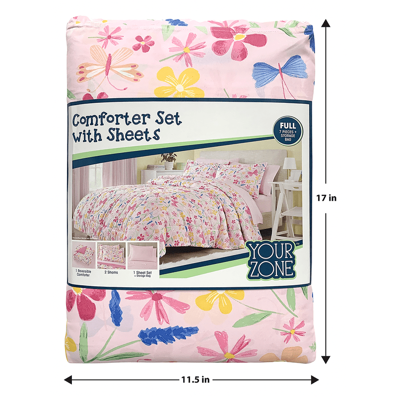 Twin Bed-in-a-Bag Set with Pink Wildflower Floral Pattern - Your Zone, 5 Pieces, Reversible