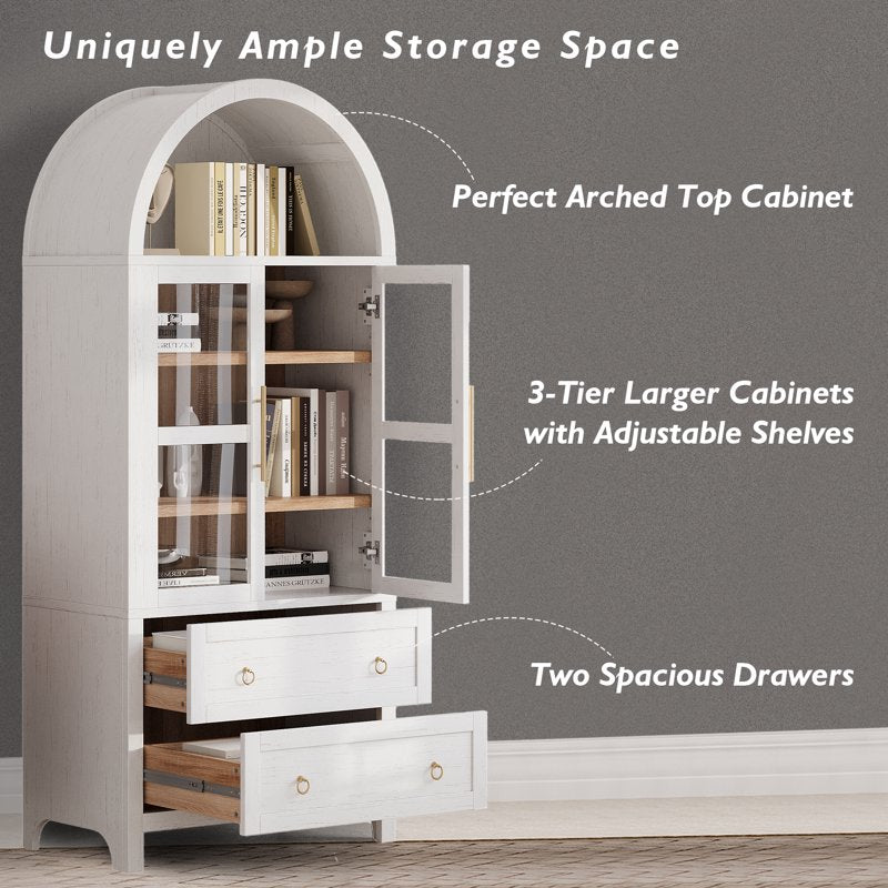 Arched Storage Cabinet with Glass Doors - White, Adjustable Shelves & Drawers
