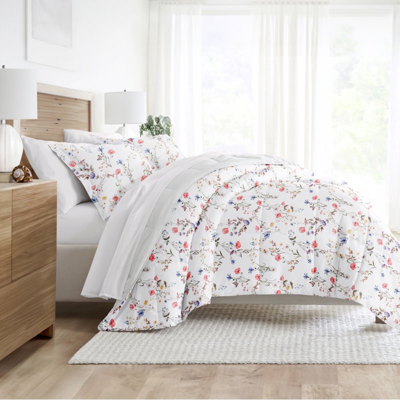 Twin Down Alternative Meadow Floral Stripe Pink Reversible Comforter Set - White Floral