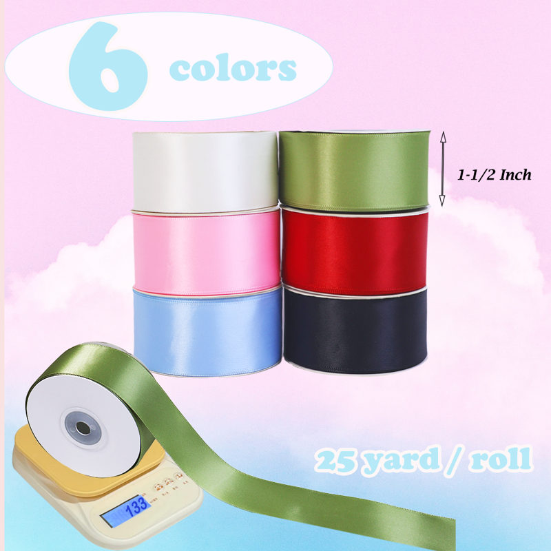 1-1/2 Inch Satin Ribbon Set - 6 Rolls, 150 Yards Solid Fabric for Gift Wrapping & Crafts