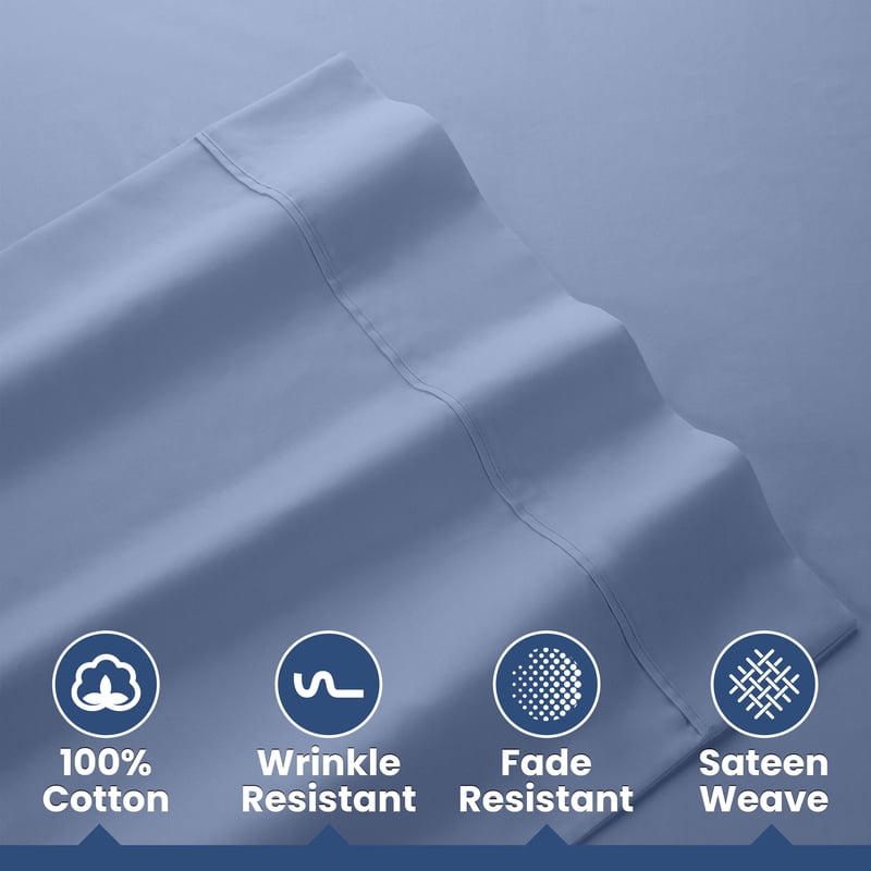 King Size 400TC Cotton Sateen Bed Sheet Set - Blue, 4-Piece