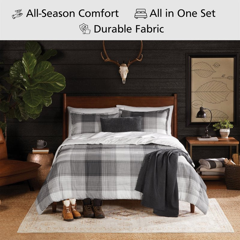 Mainstays Full/Queen Comforter Set - All-Season Grey Plaid 5-Piece