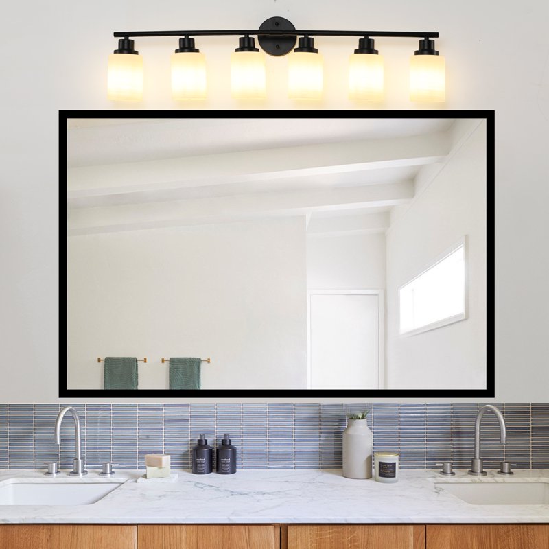 Black 39-Inch Modern Vanity Bathroom Light Fixture with Frosted Glass & Metal Frame - 6-Light