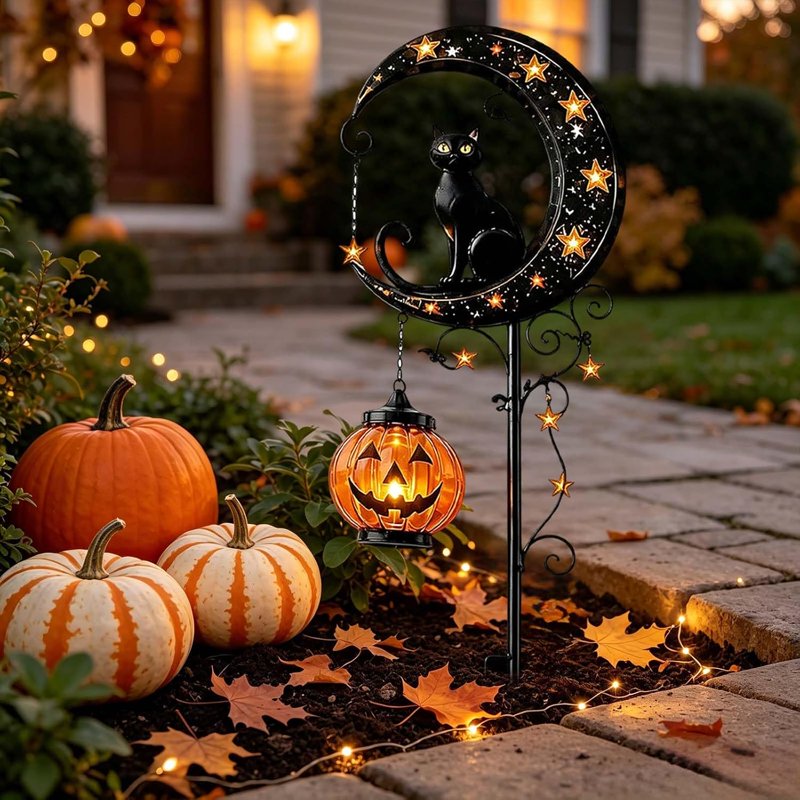 Solar Halloween Black Cat & Pumpkin Garden Stake Light - 2PCS Outdoor Waterproof LED Decor - Crescent Moon, Hanging Lanterns