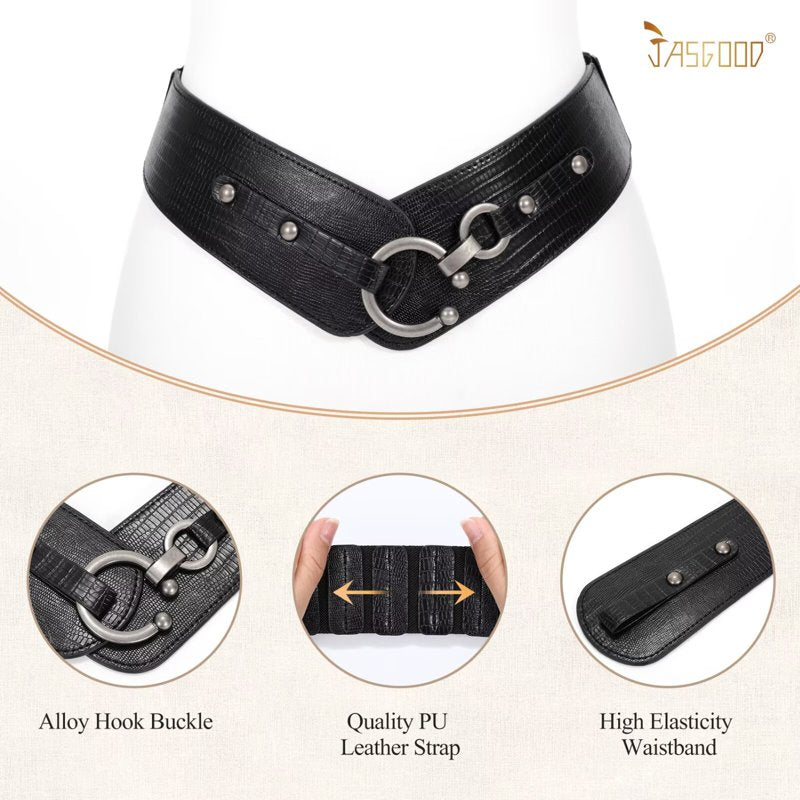 Black Wide Elastic Leather Waist Belt for Women - Vintage Style, Fits 41-43"