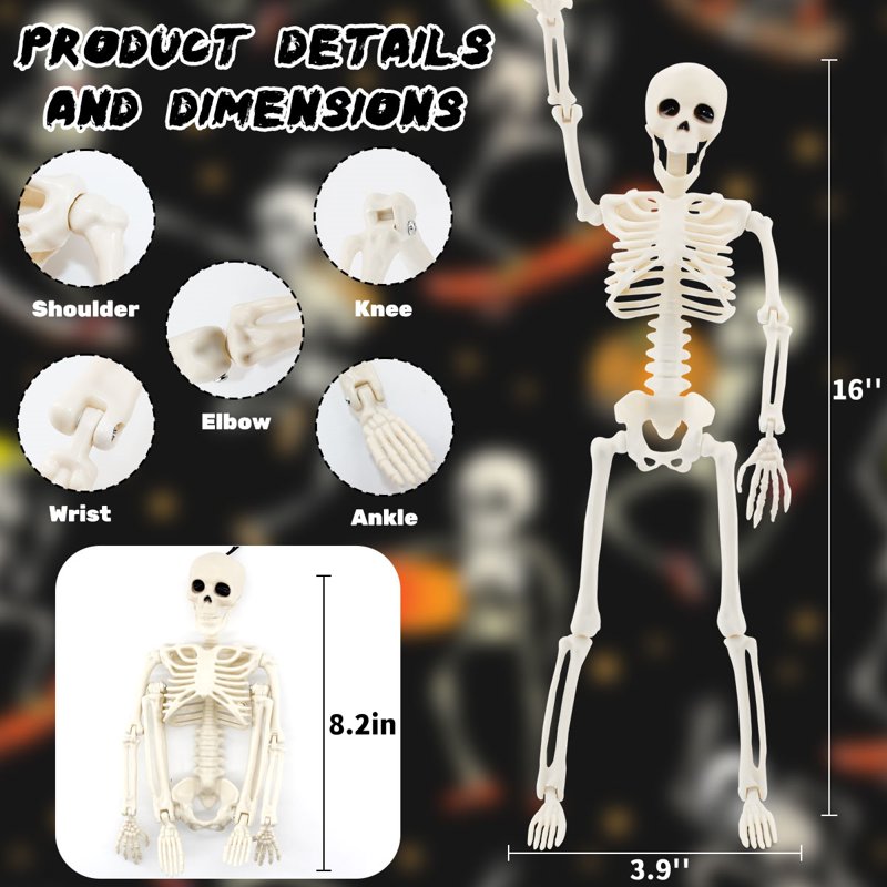 Posable Halloween Skeleton Decorations - 4 Pack 16-Inch Full Body Hanging Props