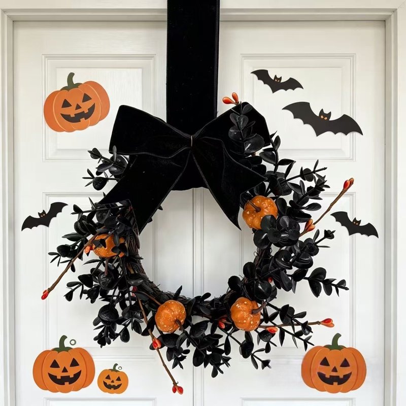 Halloween Wreath Set - 4 Mini 9-Inch Artificial Wreaths with Pumpkins & Velvet Bows