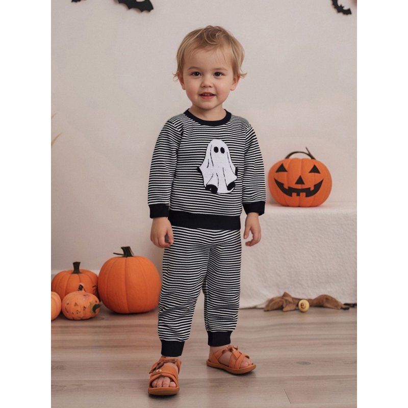 Baby Boy Halloween Outfit Ghost Embroidery Striped Sweatshirt & Pants Set - 6-12 Months