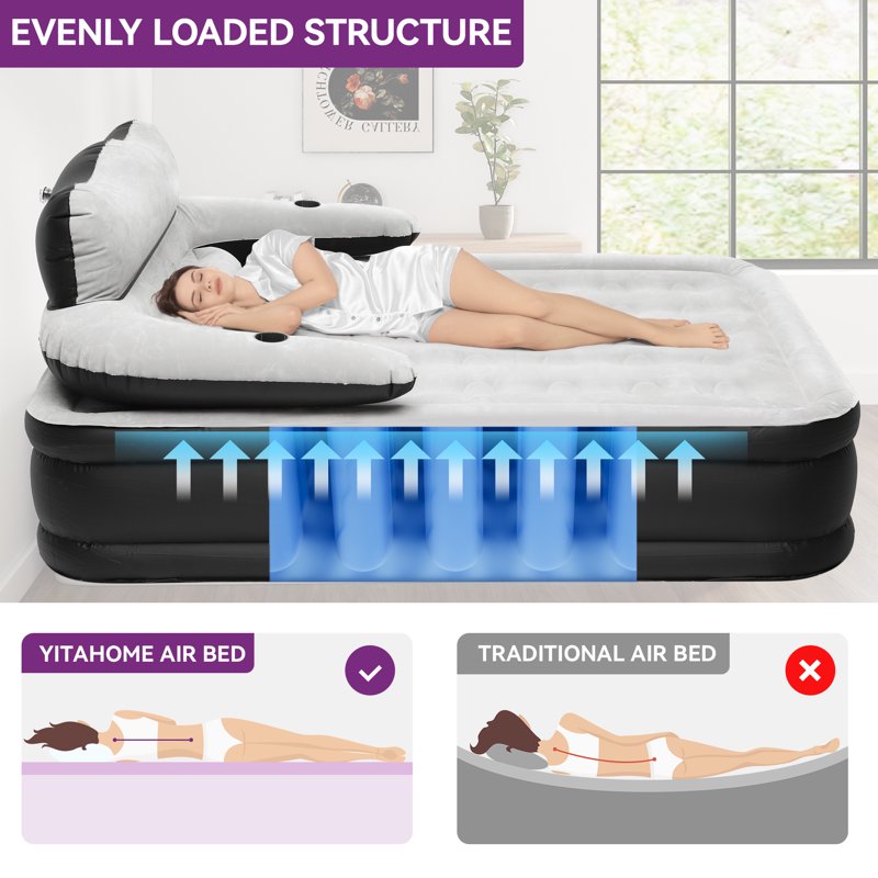 Queen Size Inflatable Air Mattress with Headboard & Built-In Pump - Gray-Style2