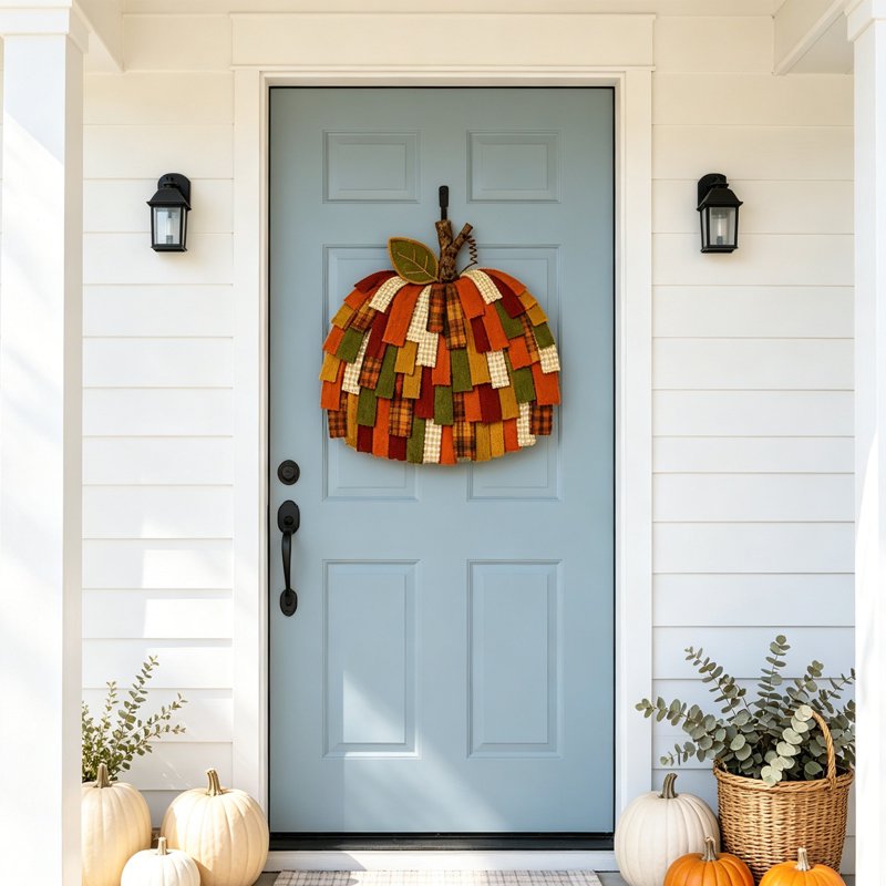 Patchwork Pumpkin Fall Door Hanger Farmhouse Autumn Wreath Wall Decor