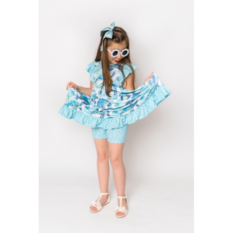 Girls Mint Turtle Angel Sleeve Dress & Shorts Set - 3T Toddler