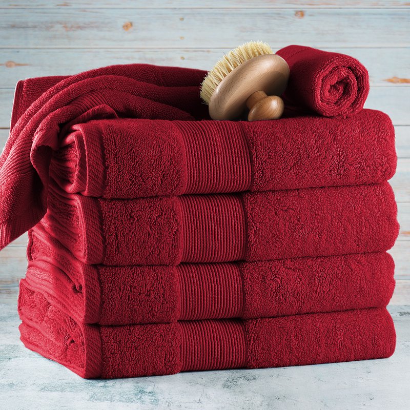 Bath Towels Set - 4 Red Body Towels & 2 Washcloths, 100% Cotton Luxury Softness