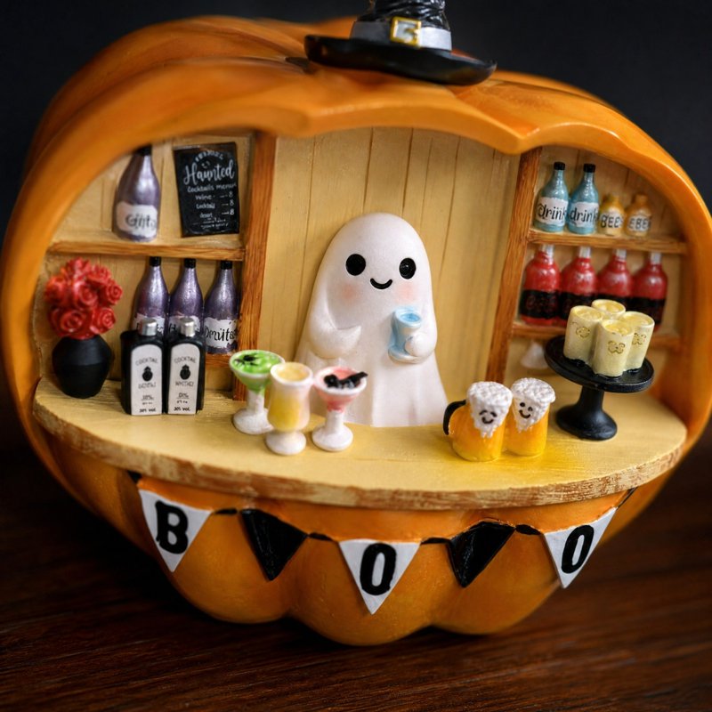 Halloween Ghost and Pumpkin Bar Scene Figurine with Lighted Mini Bar - K Variation