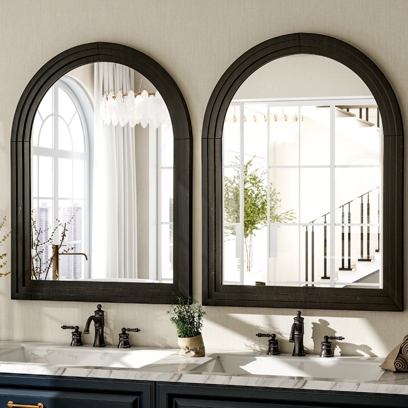 30x40 Inch Arched Bathroom Mirror with Wooden Frame - Black