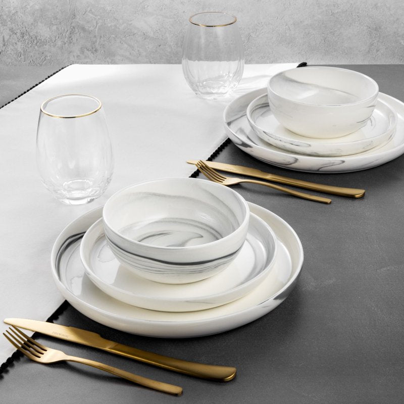 Grey Marble 12-Piece Ceramic Dinnerware Set - 2 Pack
