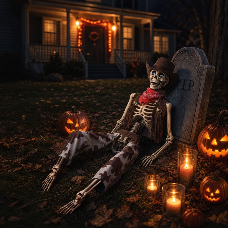 Life Size Cowboy Skeleton Halloween Prop - 5.6ft Outdoor Indoor Decor