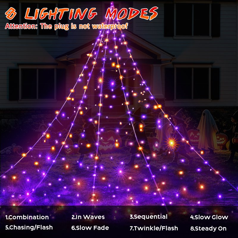 Outdoor Halloween Spider Web Lights - 16.4ft 500 LED String with Multicolor Purple Orange Glow