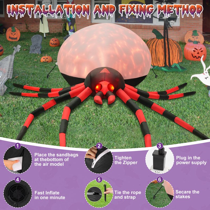 Giant 12FT Halloween Inflatable Spider with LED Lights & Air Pump - Red