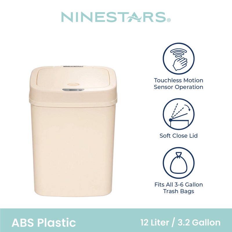 Automatic Bathroom Trash Can - 3.2 Gallon Plastic, Motion Sensor, Soft Close Lid - Vanilla Dream
