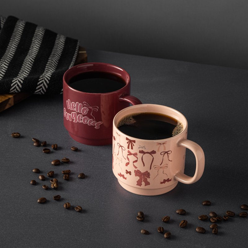 Stacking Mugs Set - Hello Gorgeous & Pink Bows - 14.2 fl oz