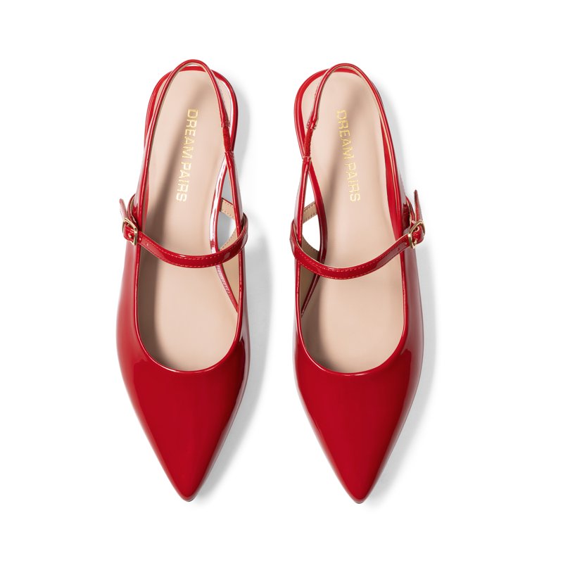 Red Women's Pointed Toe Slingback Flats - Adjustable Ankle Strap Low Heel Dress Shoes, Size 6.5