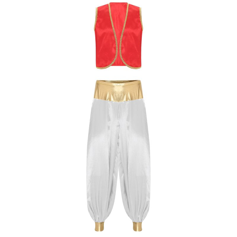 Arabian Prince Costume Set with Open Front Vest and Pants - Burgundy & White XXL