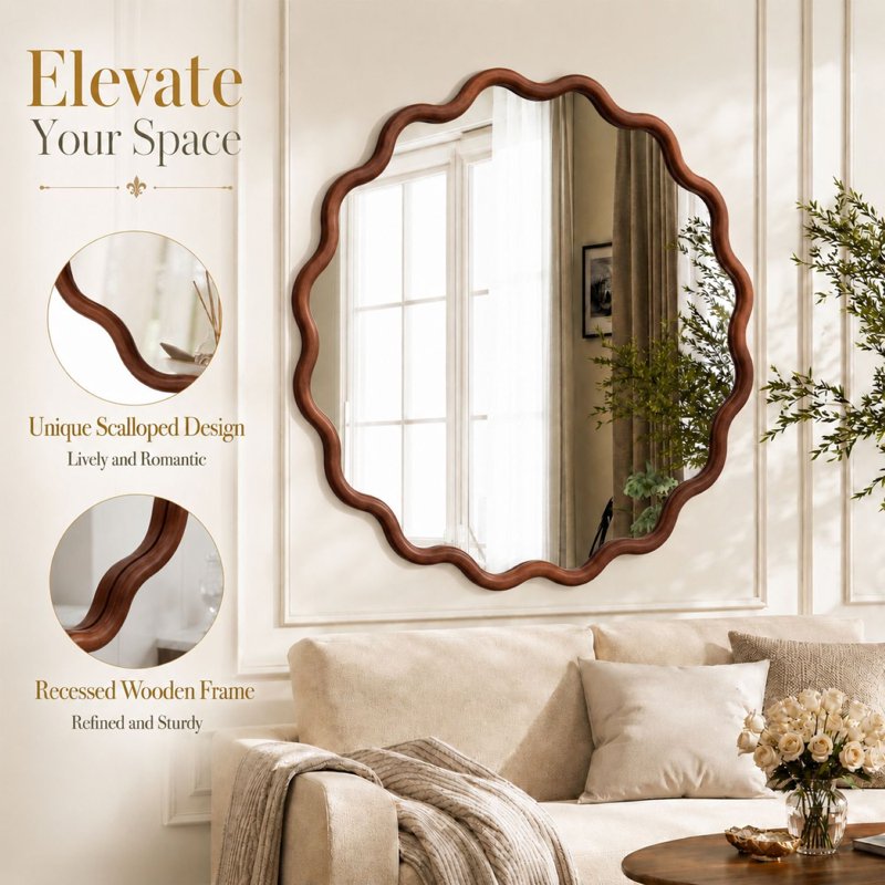 Easy4Home Wavy 30x30 Inch Wall Mirror with Solid Wood Walnut Frame